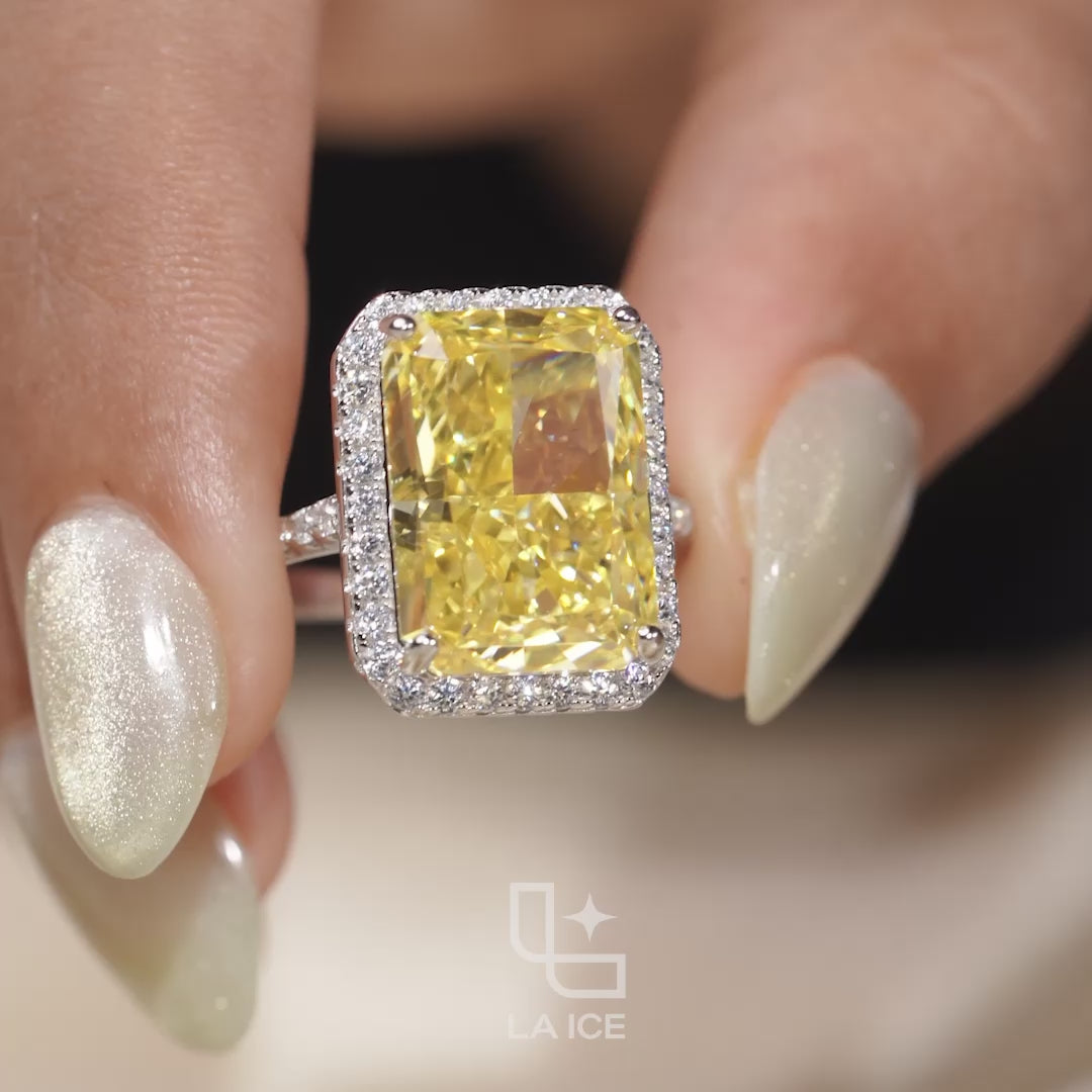 Yellow Radiant Cut Halo Ring with Pavé Band