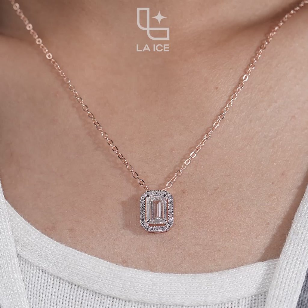Emerald Cut Halo Pendant Necklace, Rectangular Sparkling Stone Design