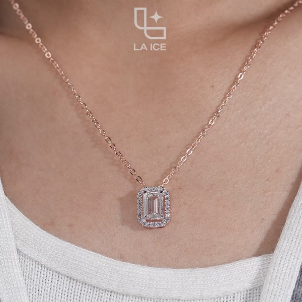 Emerald Cut Halo Pendant Necklace, Rectangular Sparkling Stone Design