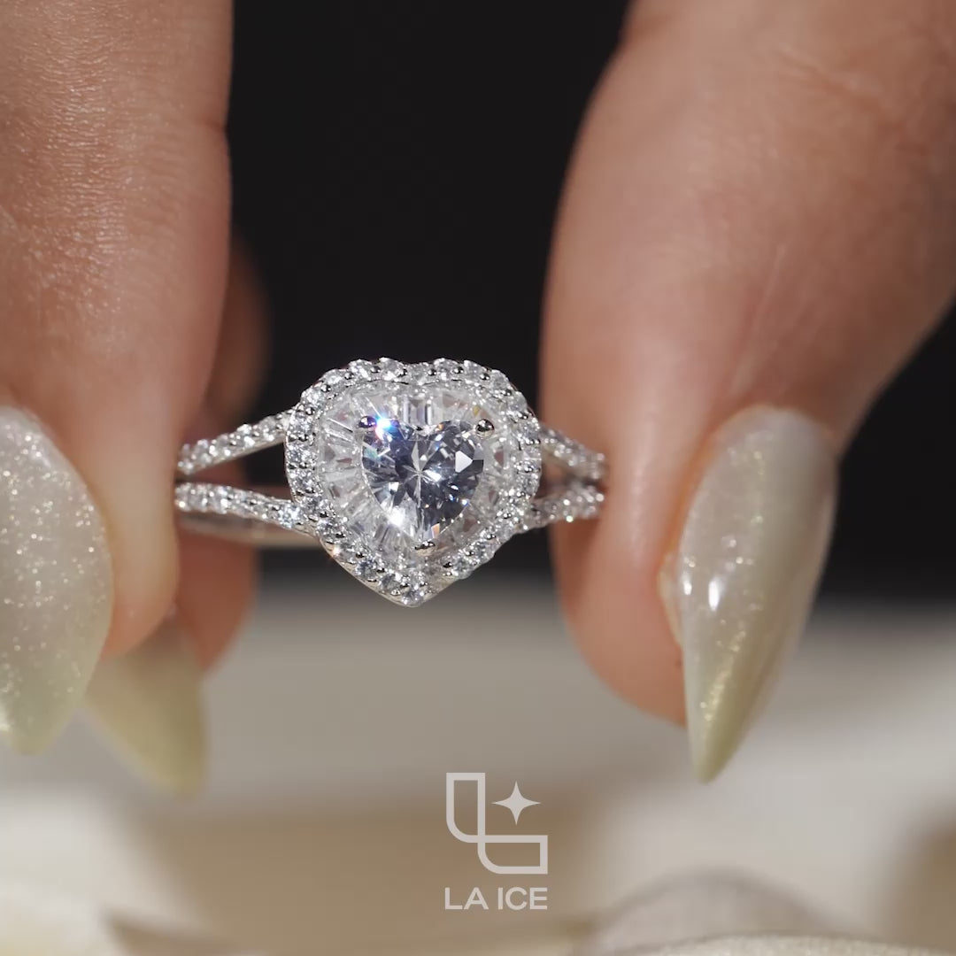 Heart Cut Halo Ring with Double Halo and Split Pavé Band – 2.00 CT Total Diamond Weight