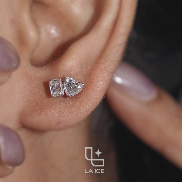 Heart and Emerald Cut Two Stone Stud Earrings, 1.20 CT Total Diamond Weight