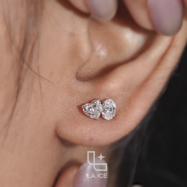 Oval and Heart Shaped Two Stone Stud Earrings with a Romantic Mixed Shape Design, 1.50 CT Total Diamond Weight