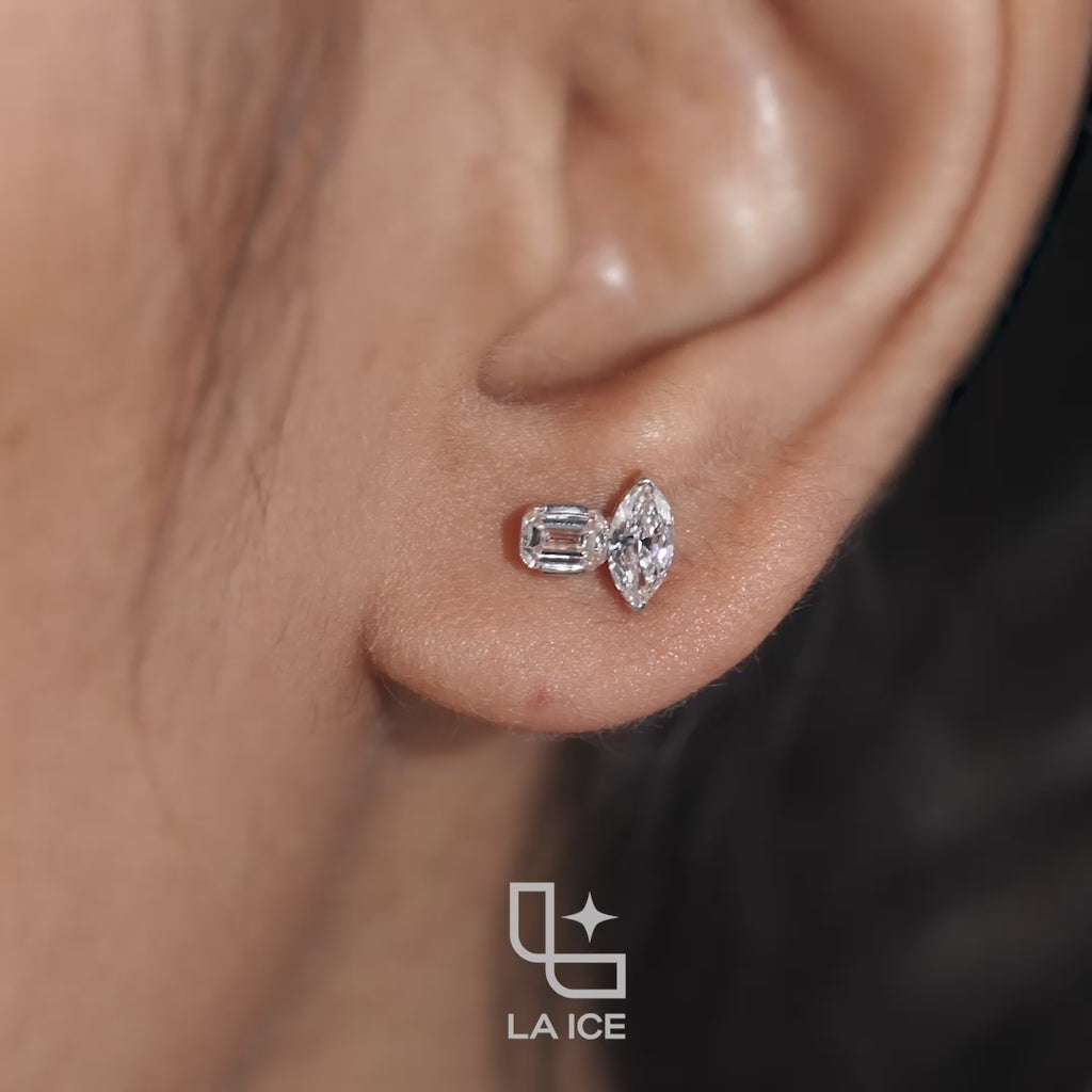 Marquise & Emerald Diamond Stud Earrings – Rose Gold Diamond Earrings | Modern Two-Stone Diamond Earrings for Women
