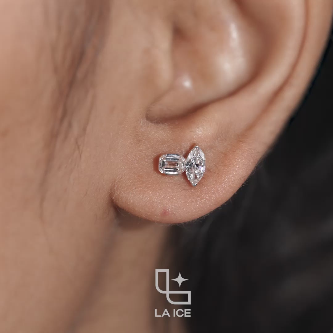 Marquise & Emerald Diamond Stud Earrings – Rose Gold Diamond Earrings | Modern Two-Stone Diamond Earrings for Women