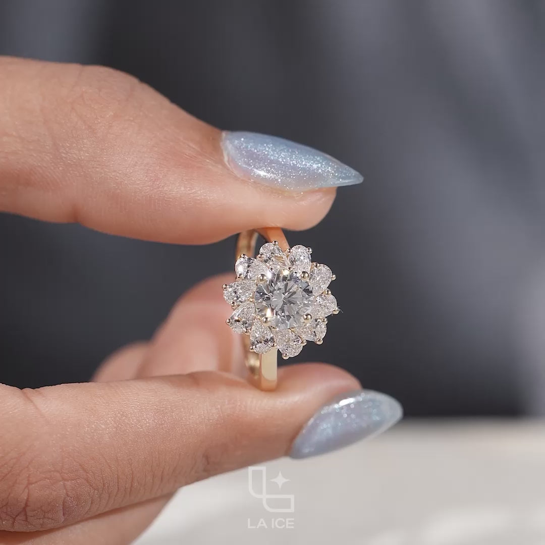 Round Center Floral Halo Engagement Ring with Cluster Side Stones