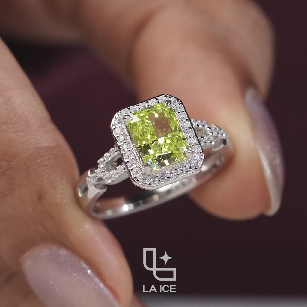 Radiant Cut Yellow Diamond Halo Ring – Fancy Yellow Diamond Engagement Ring in White Gold | Split Shank Statement Ring for Women