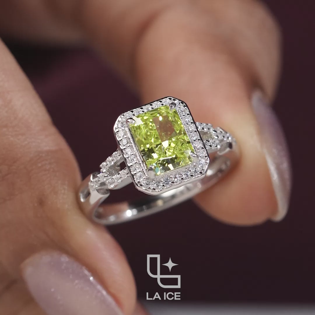 Radiant Cut Yellow Diamond Halo Ring – Fancy Yellow Diamond Engagement Ring in White Gold | Split Shank Statement Ring for Women