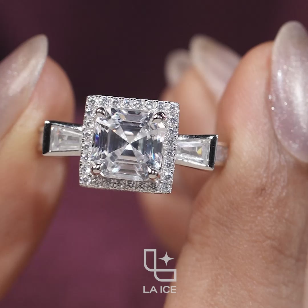 Asscher Cut Halo Engagement Ring with Baguette Side Stones