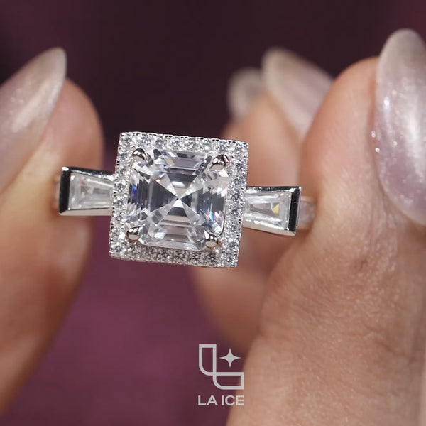 Asscher Cut Halo Engagement Ring with Baguette Side Stones