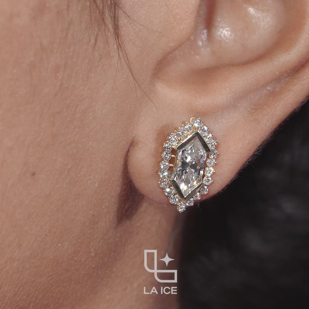 Elongated Hexagon Halo Stud Earrings with Geometric Center Stones and Round Accents, 2.00 CT Total Diamond Weight
