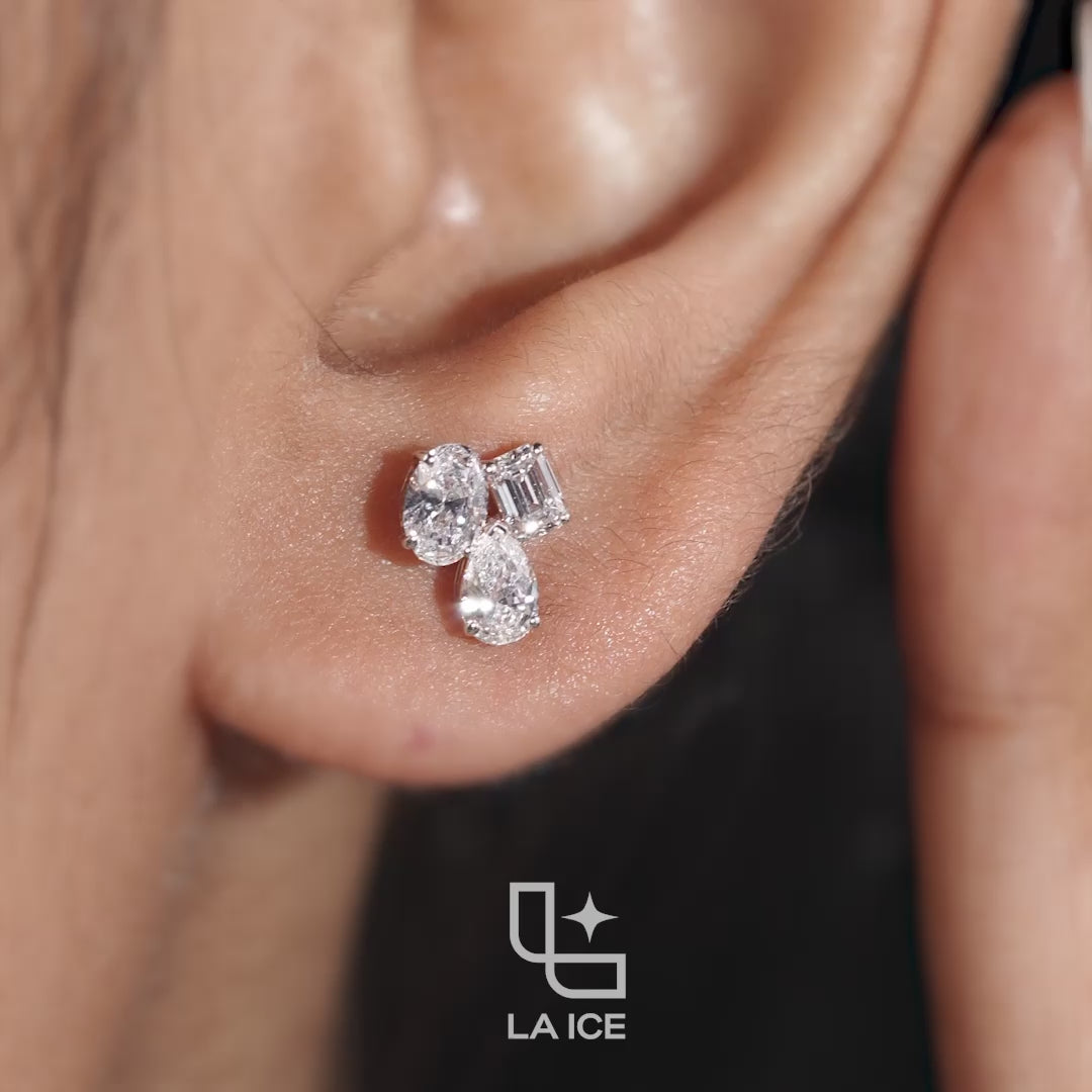 Three Stone Cluster Stud Earrings | Emerald Cut and Pear Shaped Cluster Stud Earrings with Round Accents, 1.50 CT Total Diamond Weight