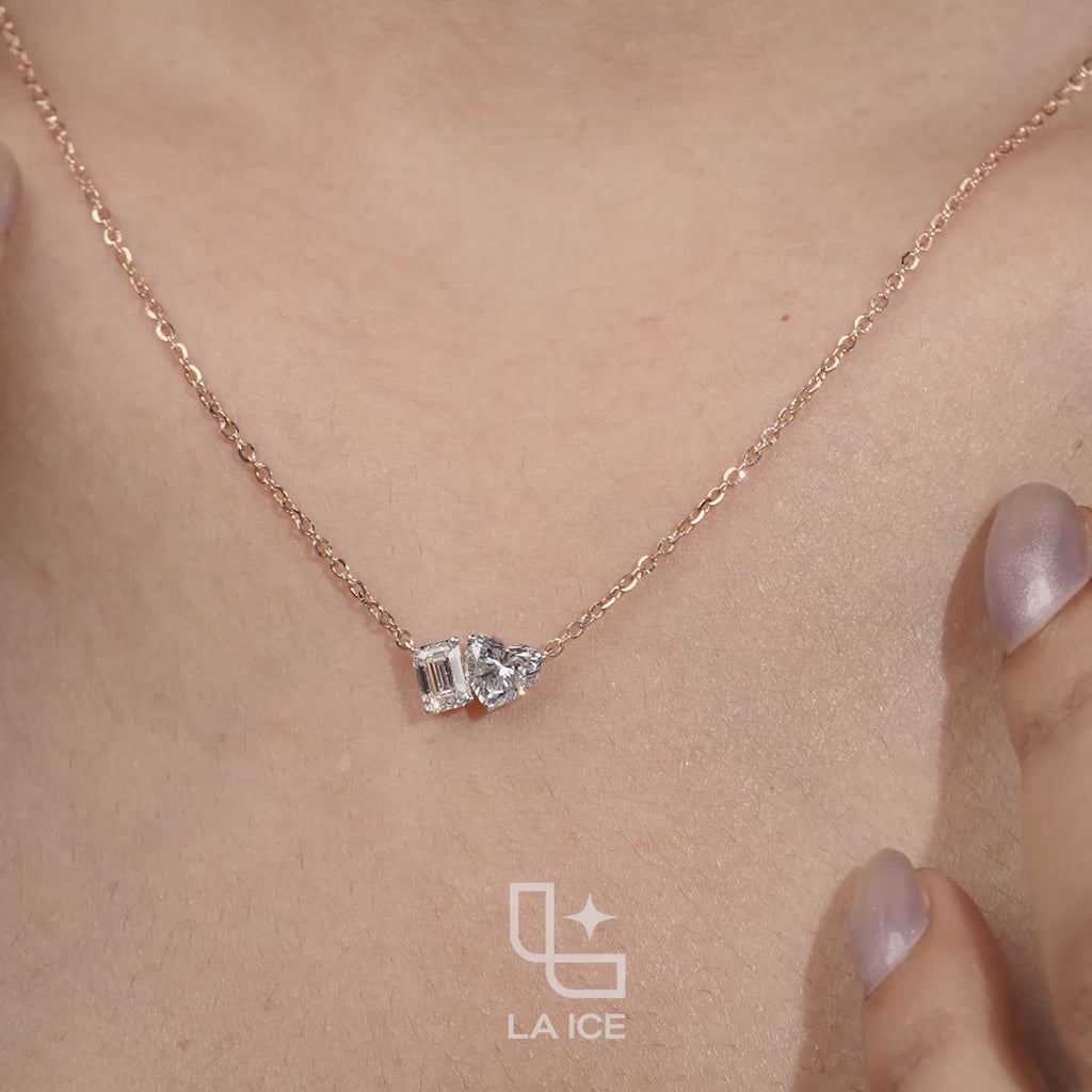 Emerald & Heart Diamond Pendant Necklace – Rose Gold Diamond Necklace | Romantic Two-Stone Diamond Pendant for Women