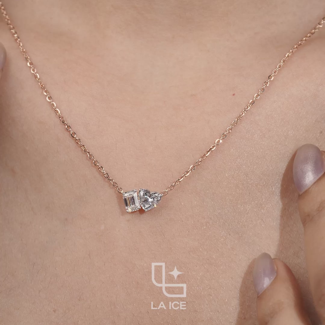 Emerald & Heart Diamond Pendant Necklace – Rose Gold Diamond Necklace | Romantic Two-Stone Diamond Pendant for Women