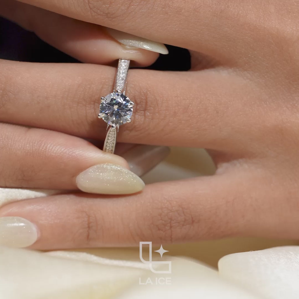 Round Cut Pavé Engagement Ring with Sparkling Band