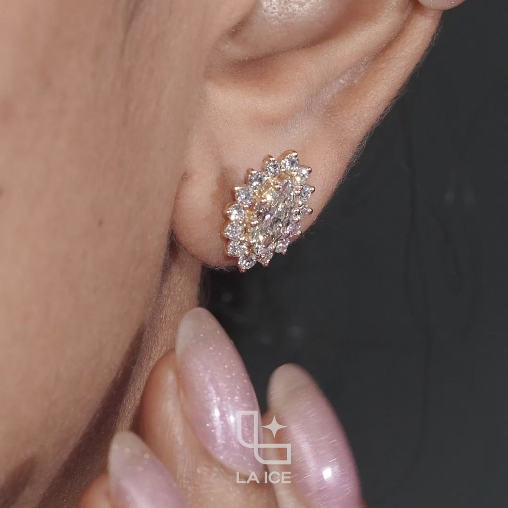 Oval Cut Halo Stud Earrings with Round Stone Sunburst Design, 2.00 CT Total Diamond Weight