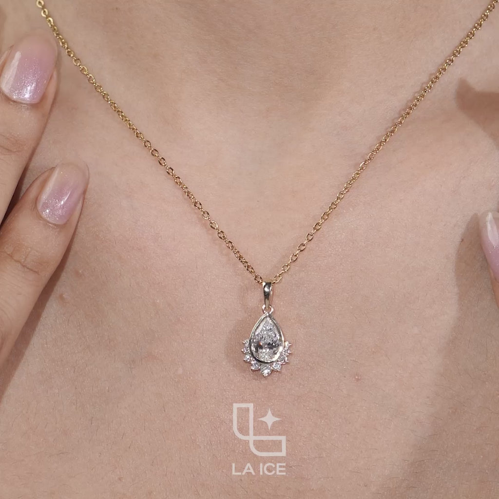 Pear Cut Halo Pendant Necklace with Delicate Chain
